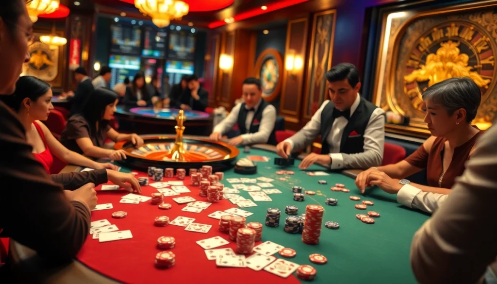 Players intensely engaged in đánh bài đổi thưởng at a poker table with vibrant casino decor.